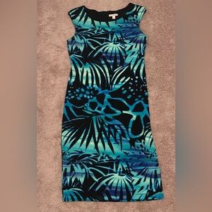 Tropical Blue and Black Sleeveless Dress -Size 12